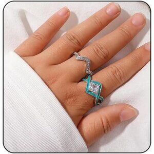 Turquoise Ocean Wave Ring For Women, 2pcs/Set Boho Blue Enamel Geometric Stackab